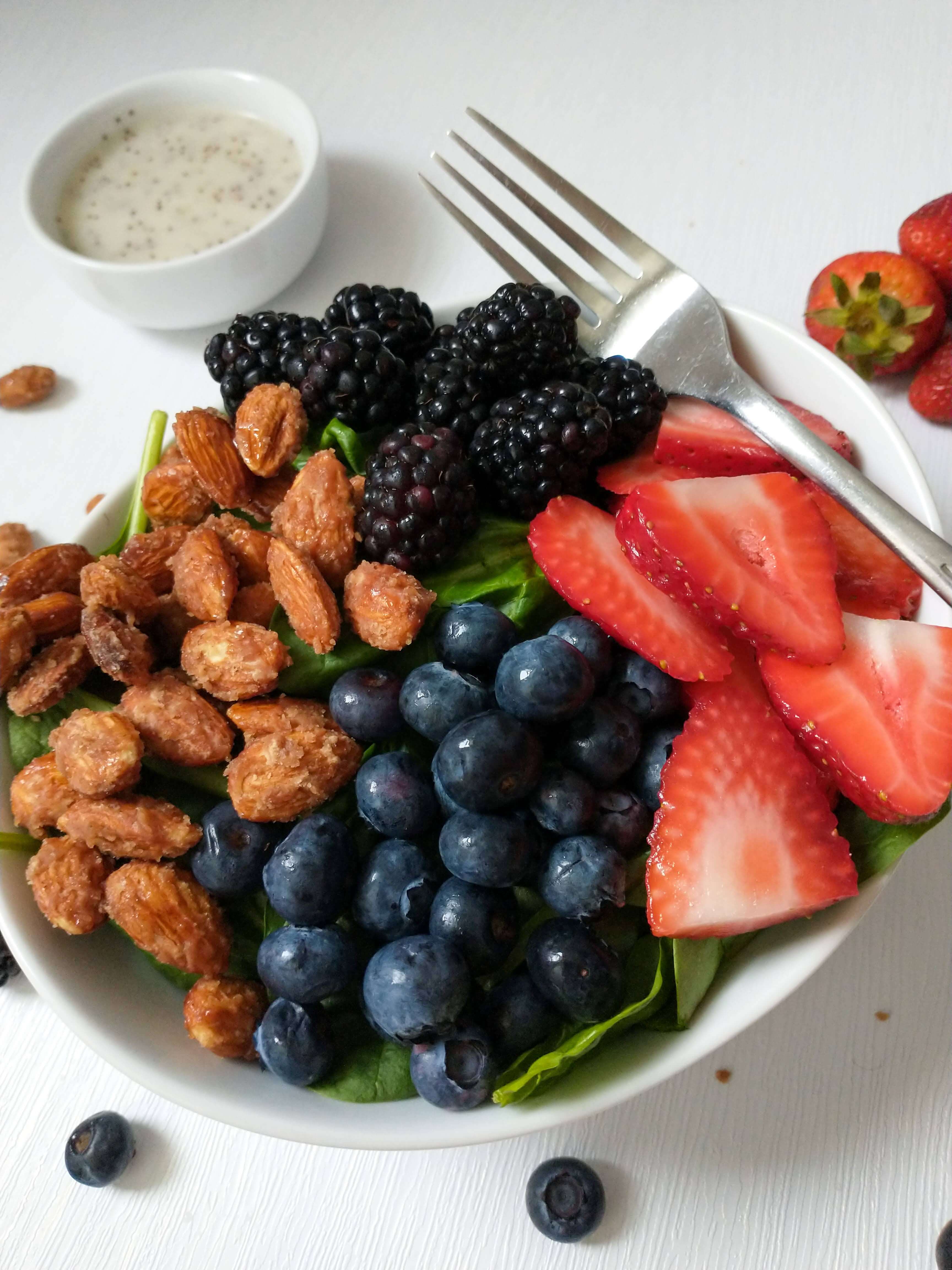 Bowl of Berry Salad with Candied Cinnamon Almonds