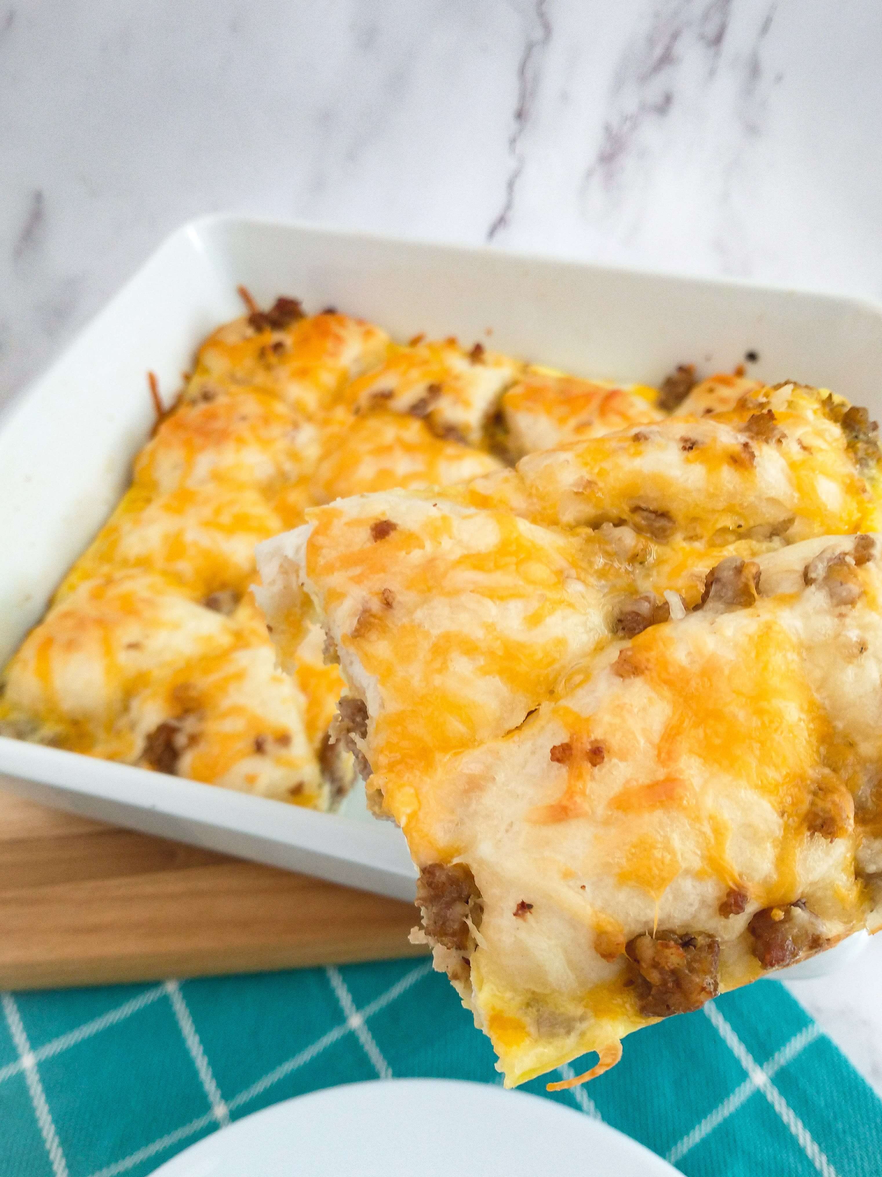 close up of egg and biscuit breakfast casserole
