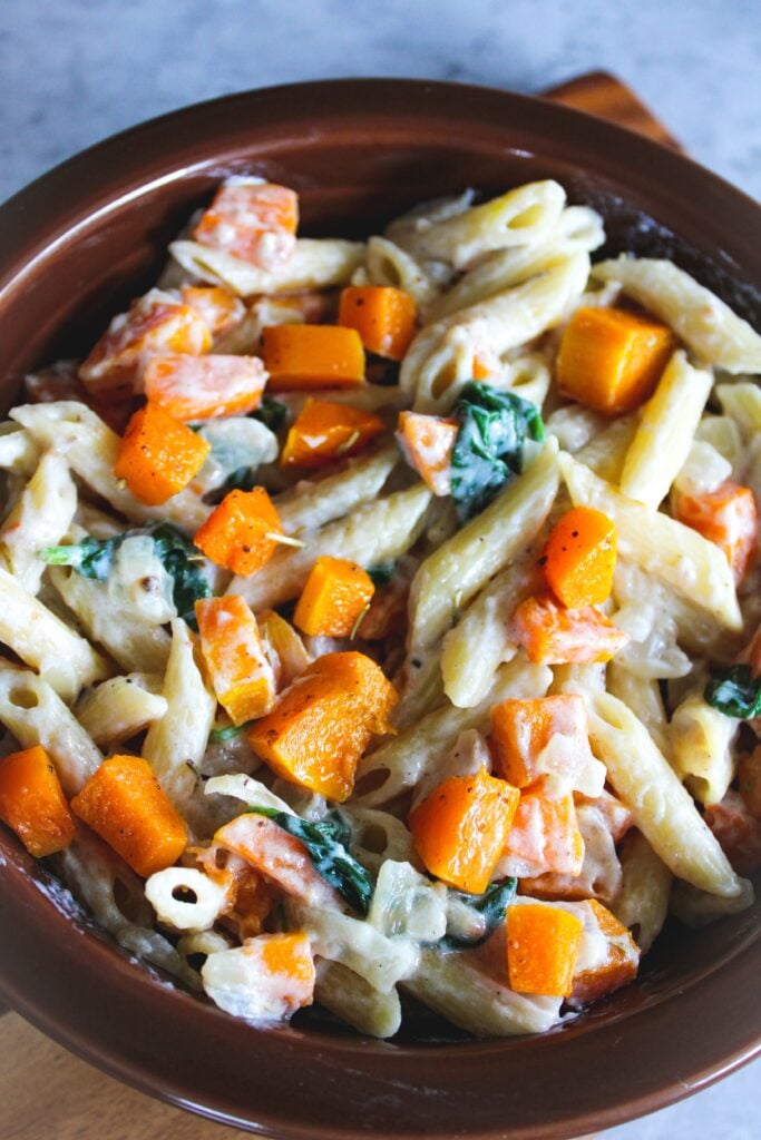 bowl of creamy roasted butternut squash pasta