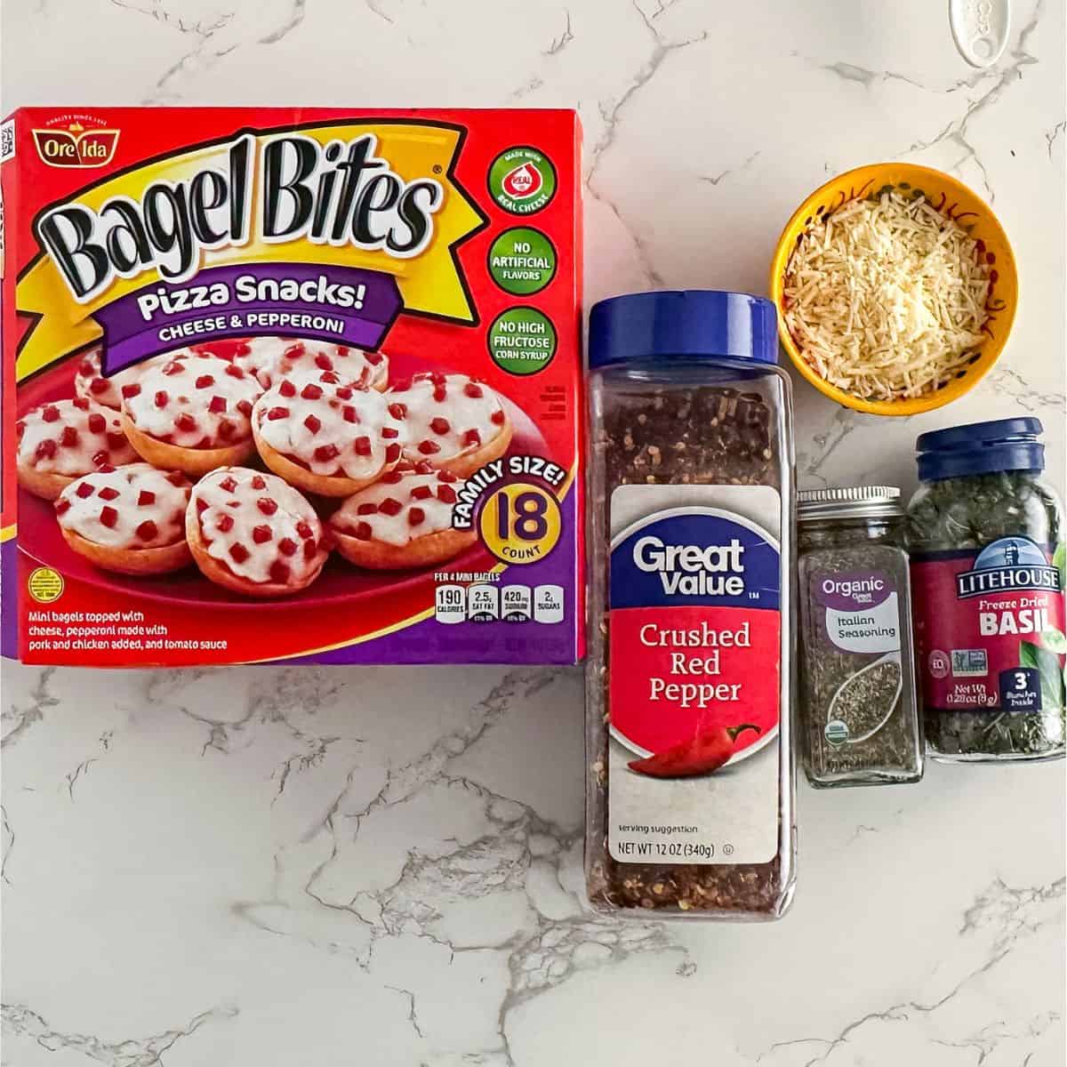 Ingredients for bagel bites.