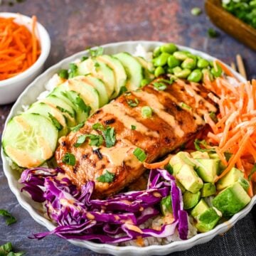 Salmon bowl with veggies and sauce.