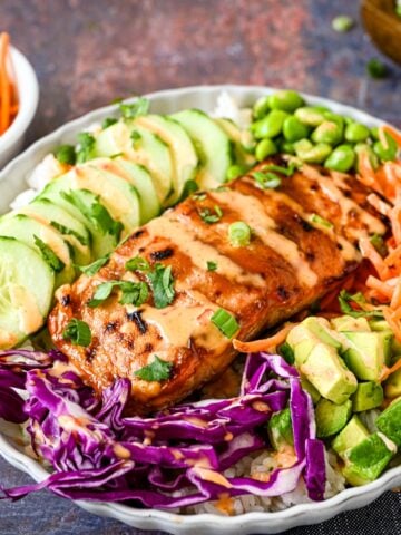 Salmon bowl with veggies and sauce.