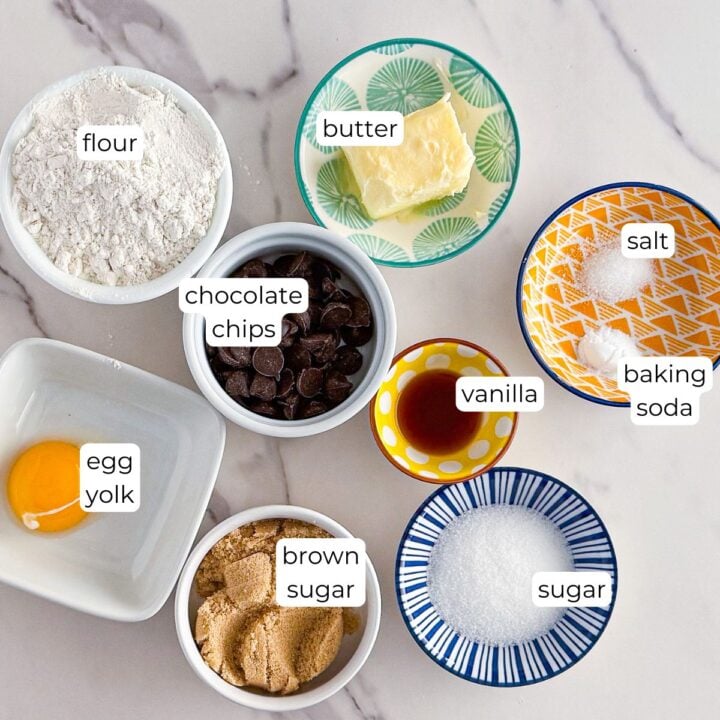 Ingredients for small batch chocolate chip cookies.