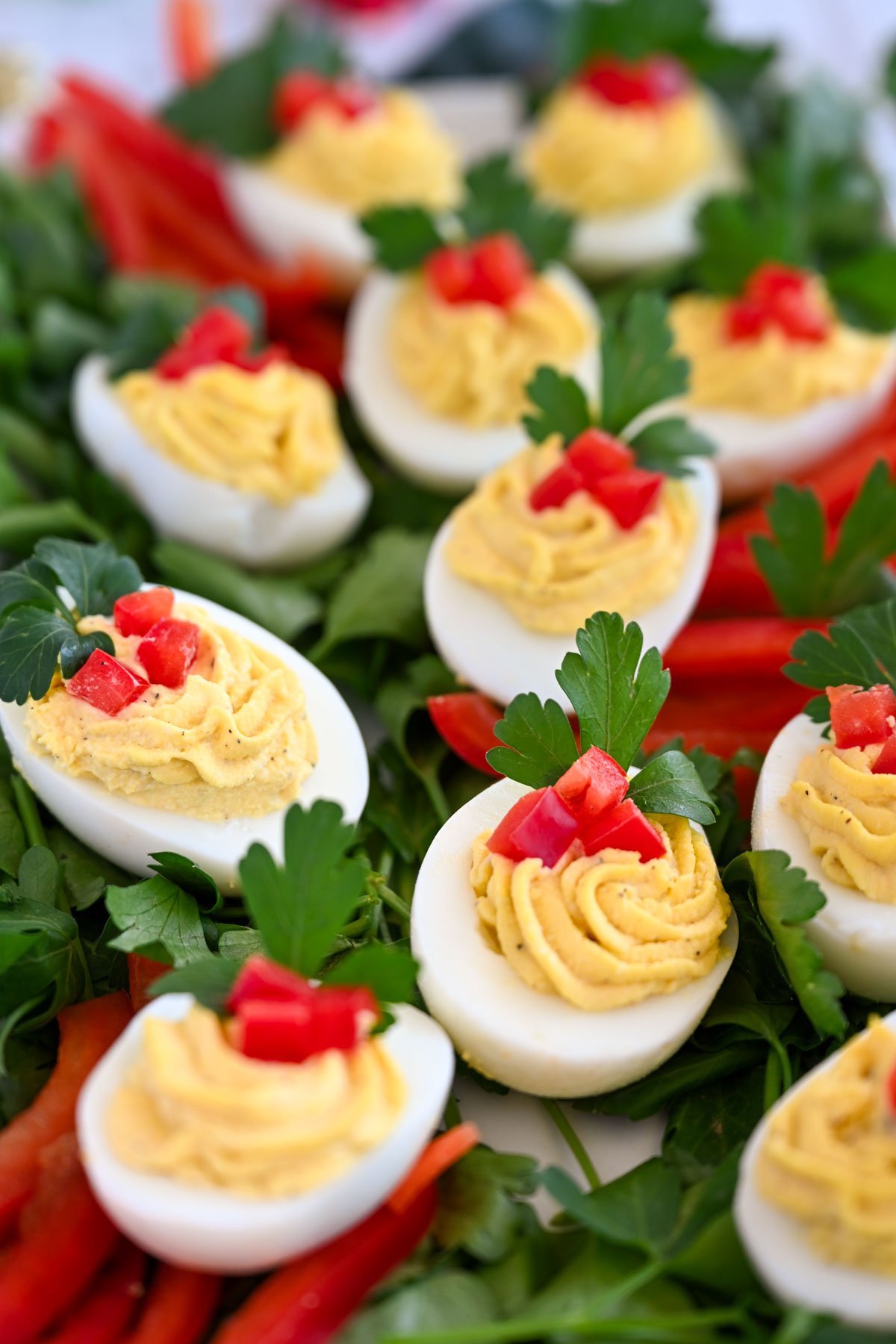 Platter of Christmas Deviled eggs.