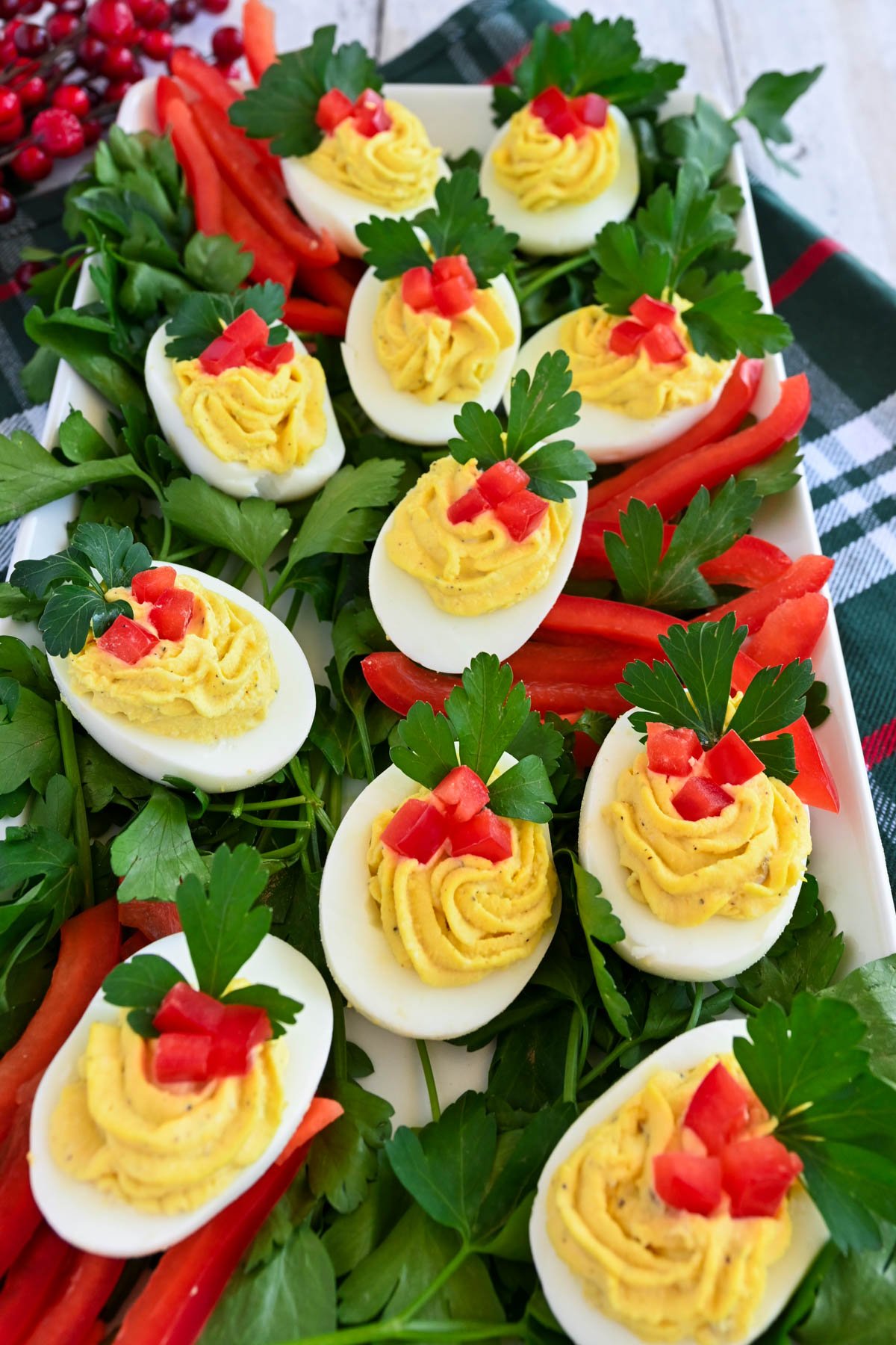 Platter of Christmas Deviled eggs.