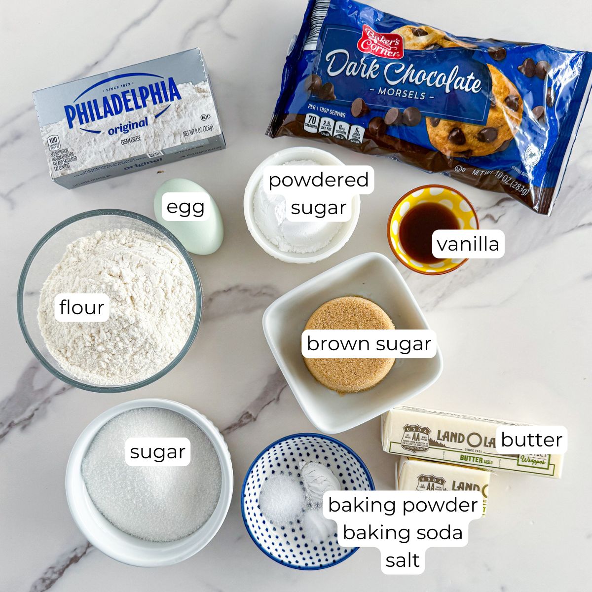 Chocolate chip cheesecake cookie ingredients.