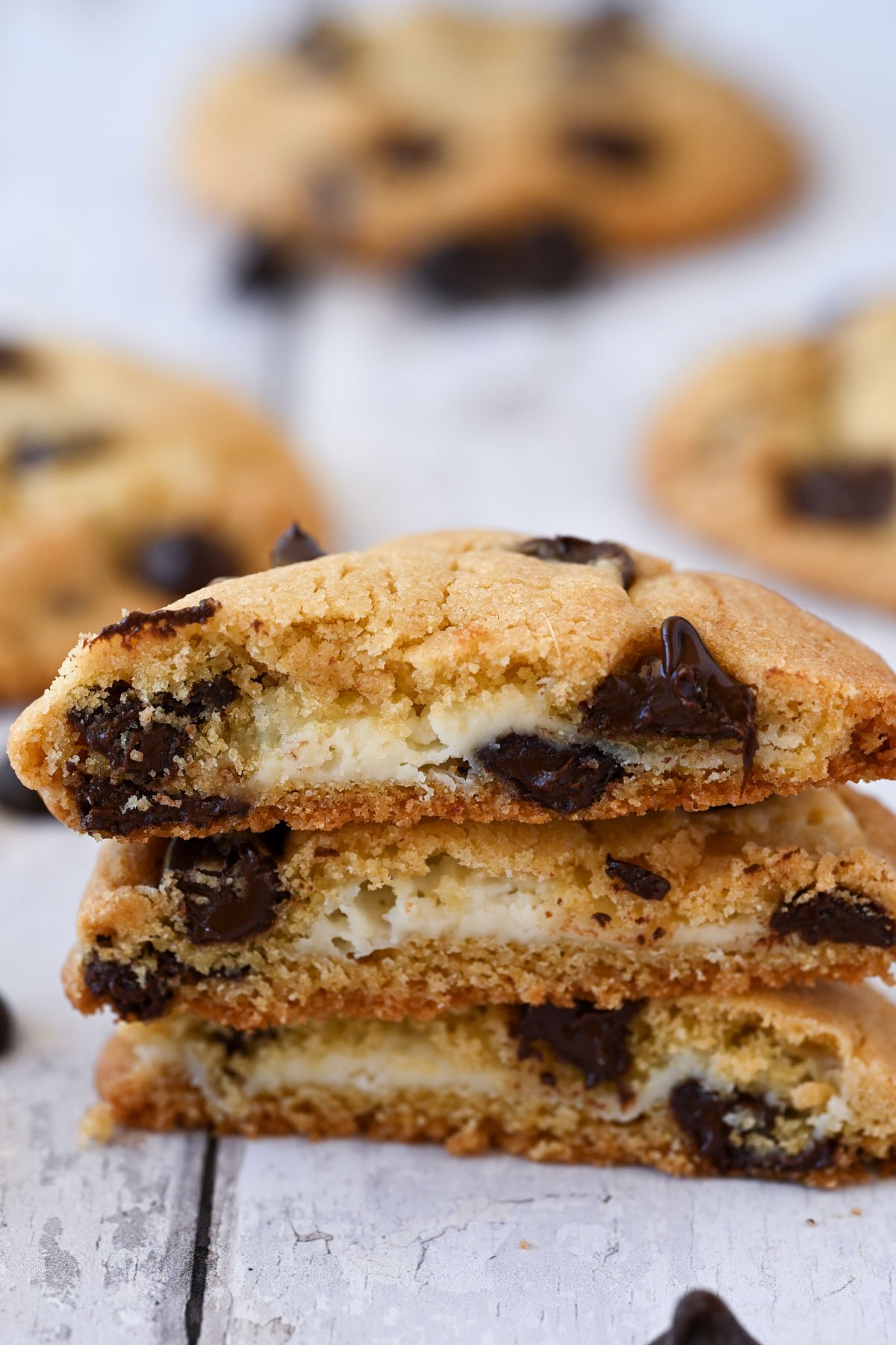 Stake of chocolate chip cheesecake cookies.