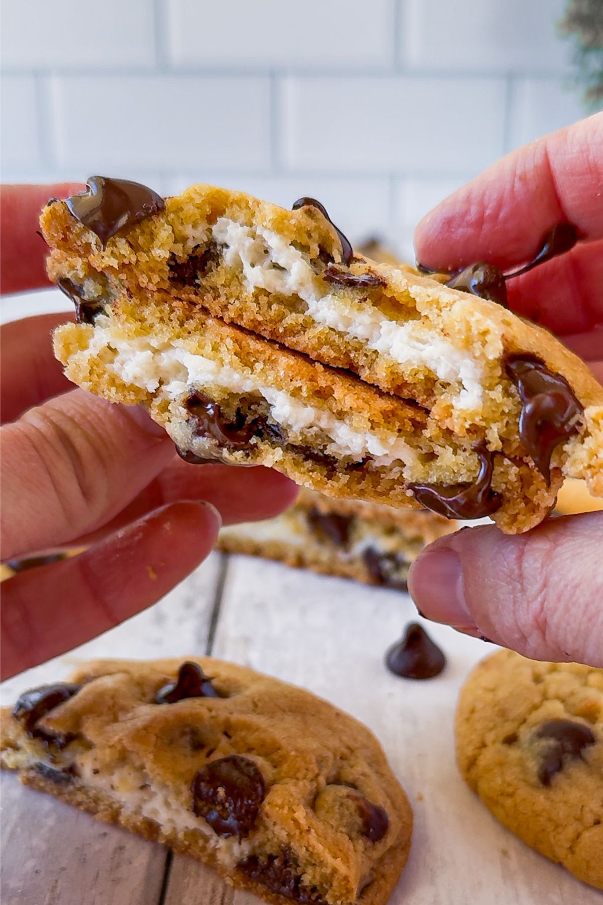 Chocolate chip cheesecake cookie in half.