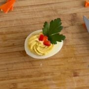 Assembled deviled egg for Christmas.