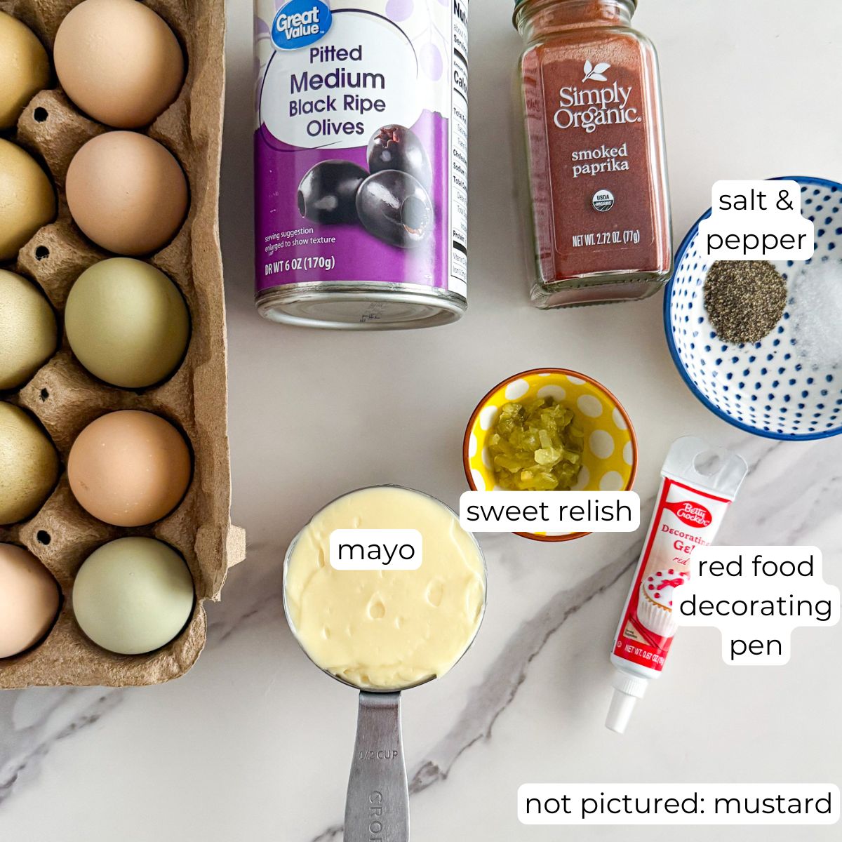 Ingredients for halloween deviled eggs.