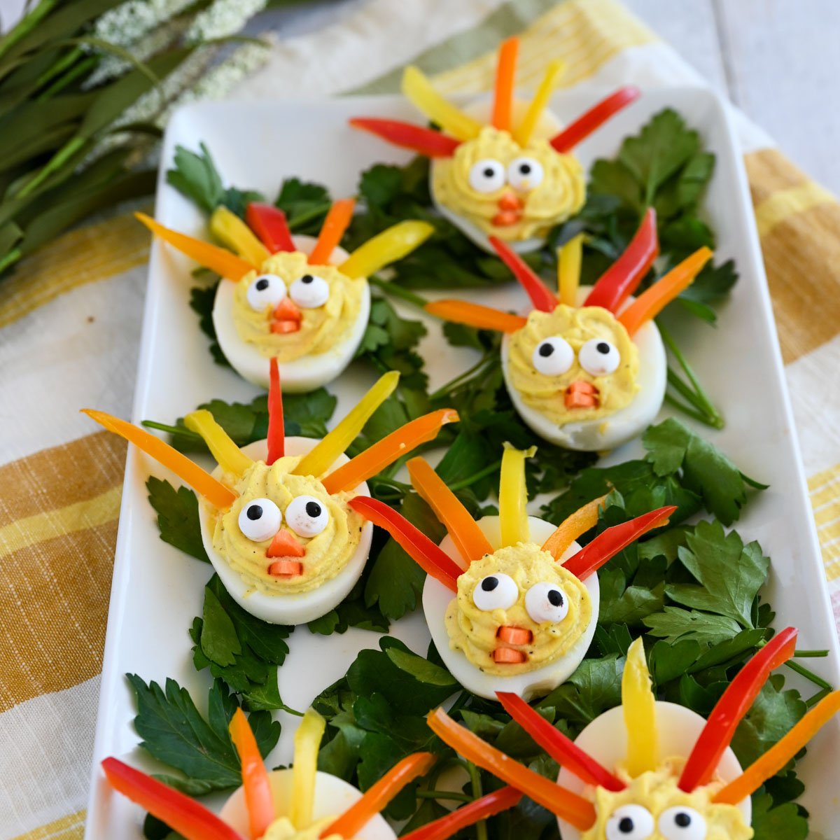 Thanksgiving turkey decorated deviled eggs.