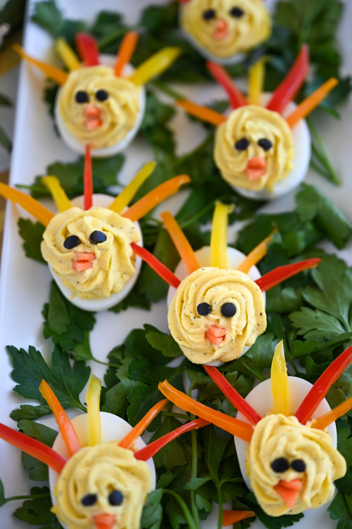 Thanksgiving turkey decorated deviled eggs. 