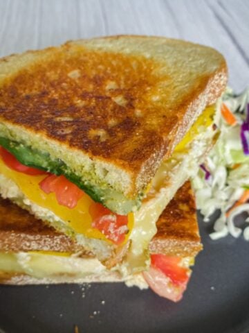 a chicken pesto panini on a plate.