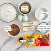 Ingredients for double chocolate chip cookies.