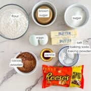 Ingredients for peanut butter chip cookeis.