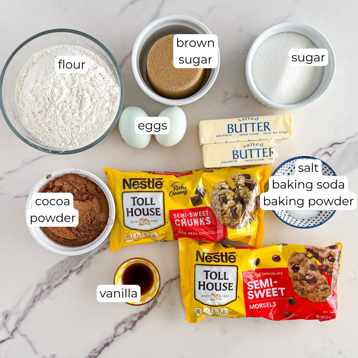 Ingredients for triple chocolate cookies.