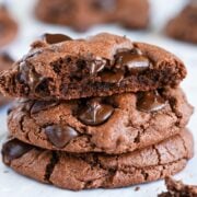 Stack of double chocolate chip cookies.