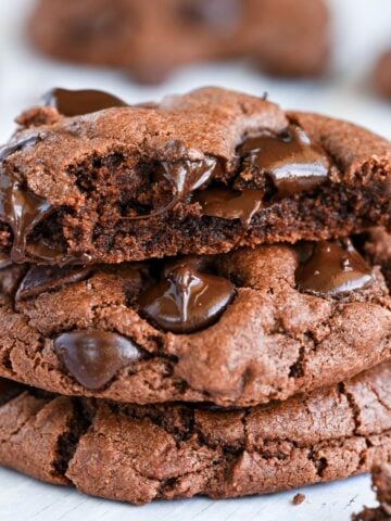 Stack of double chocolate chip cookies.