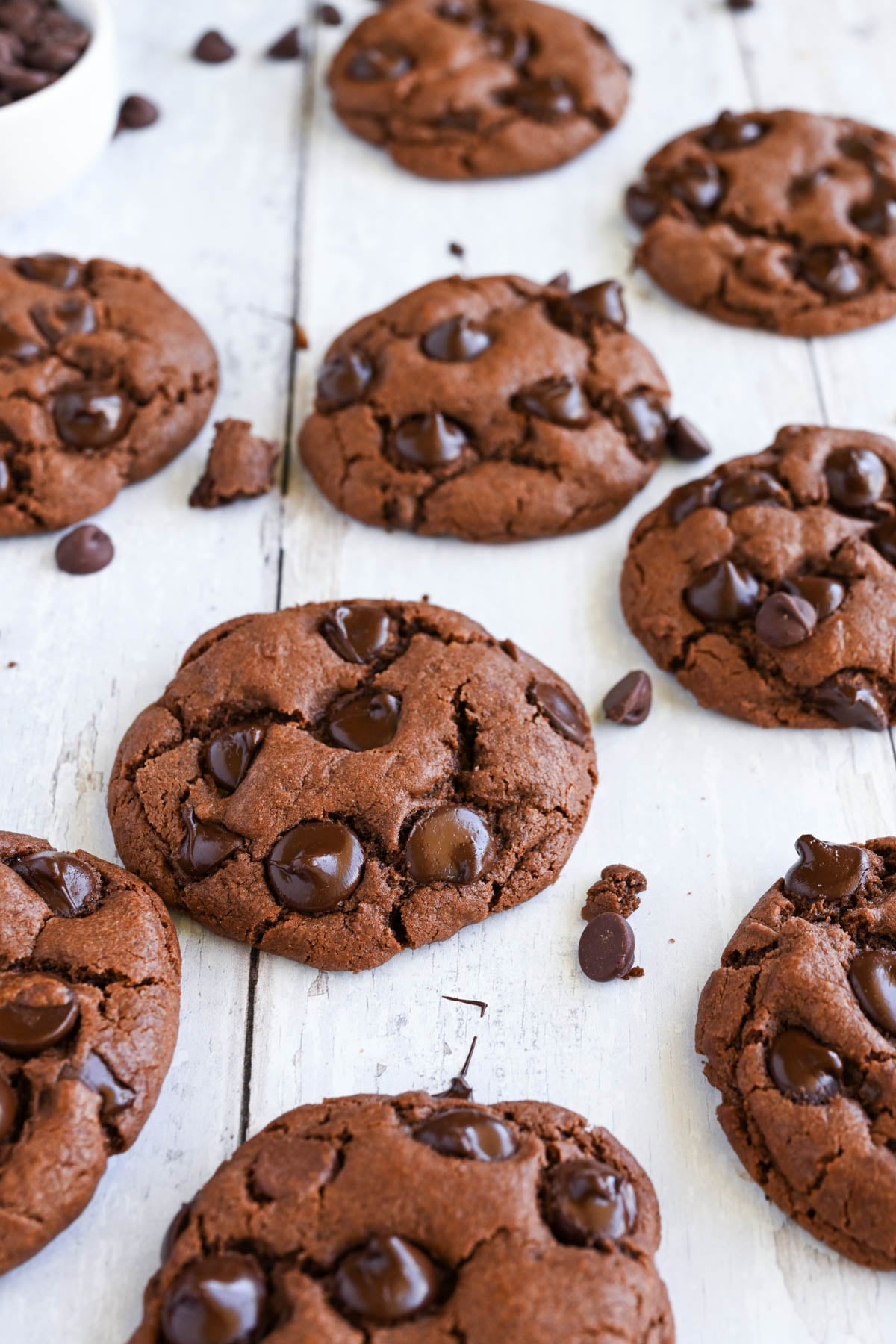 Double chocolate chip cookies on a sheet pan.