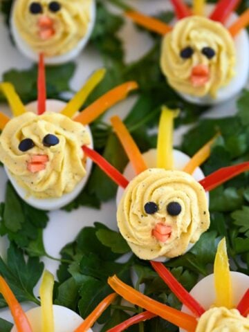 Deviled egg turkeys for thanksgiving.