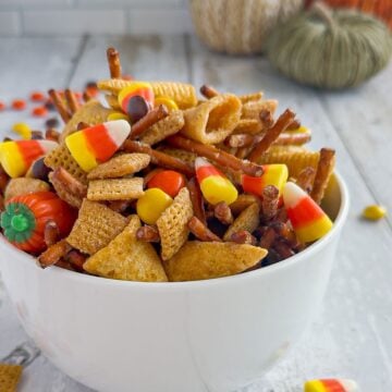 Bowl of Halloween chex snack mix.