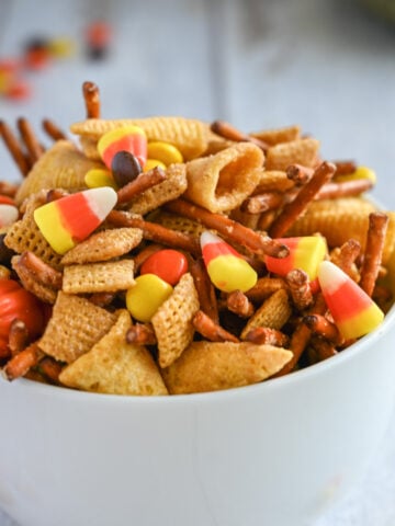 Bowl of Halloween chex snack mix.