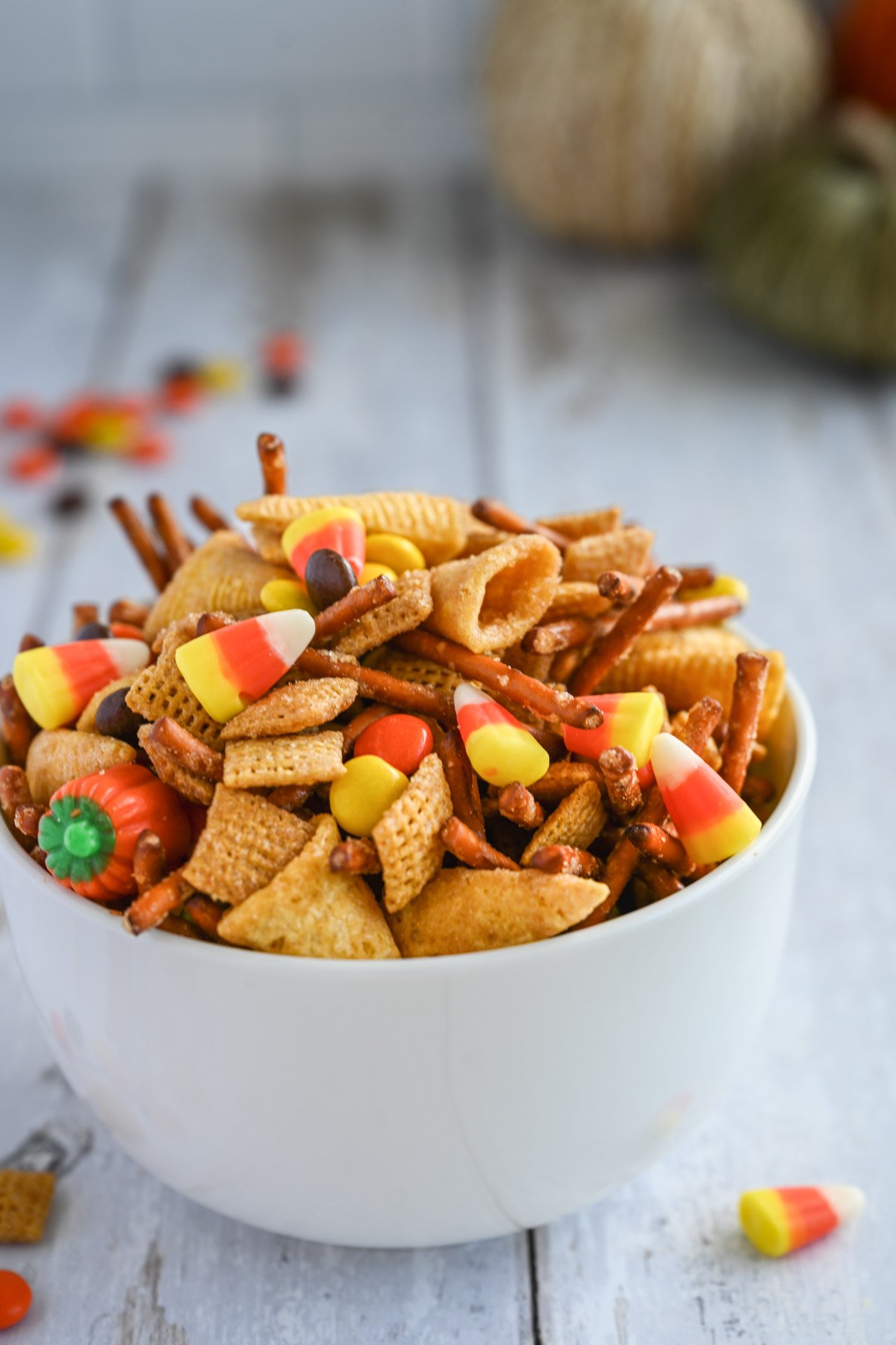 Bowl of Halloween chex snack mix.
