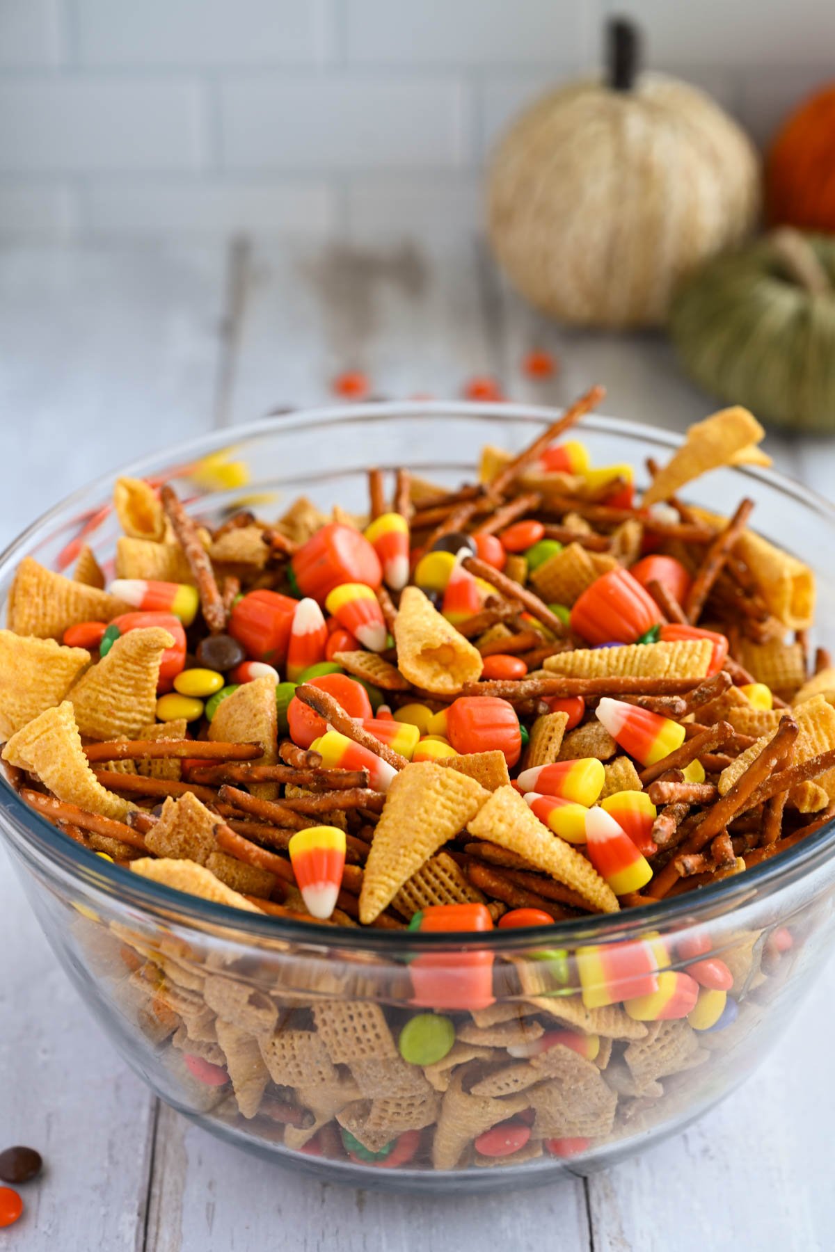 Bowl of Halloween chex snack mix.