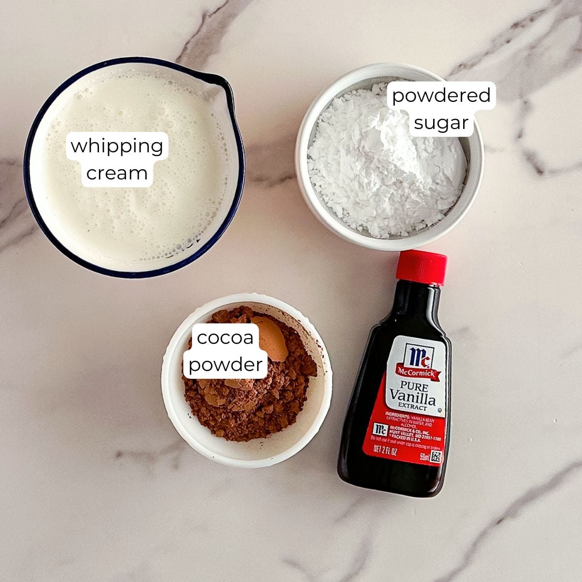 Ingredients for chocolate whipped cream. 