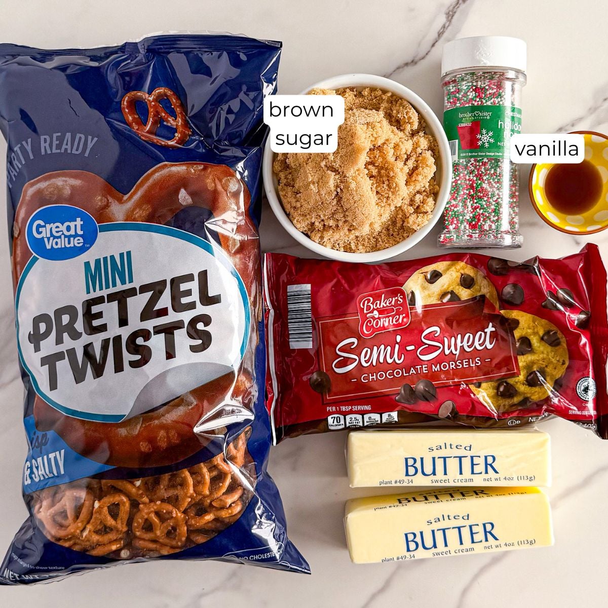 Ingredients for Christmas Crack Made with Pretzels.