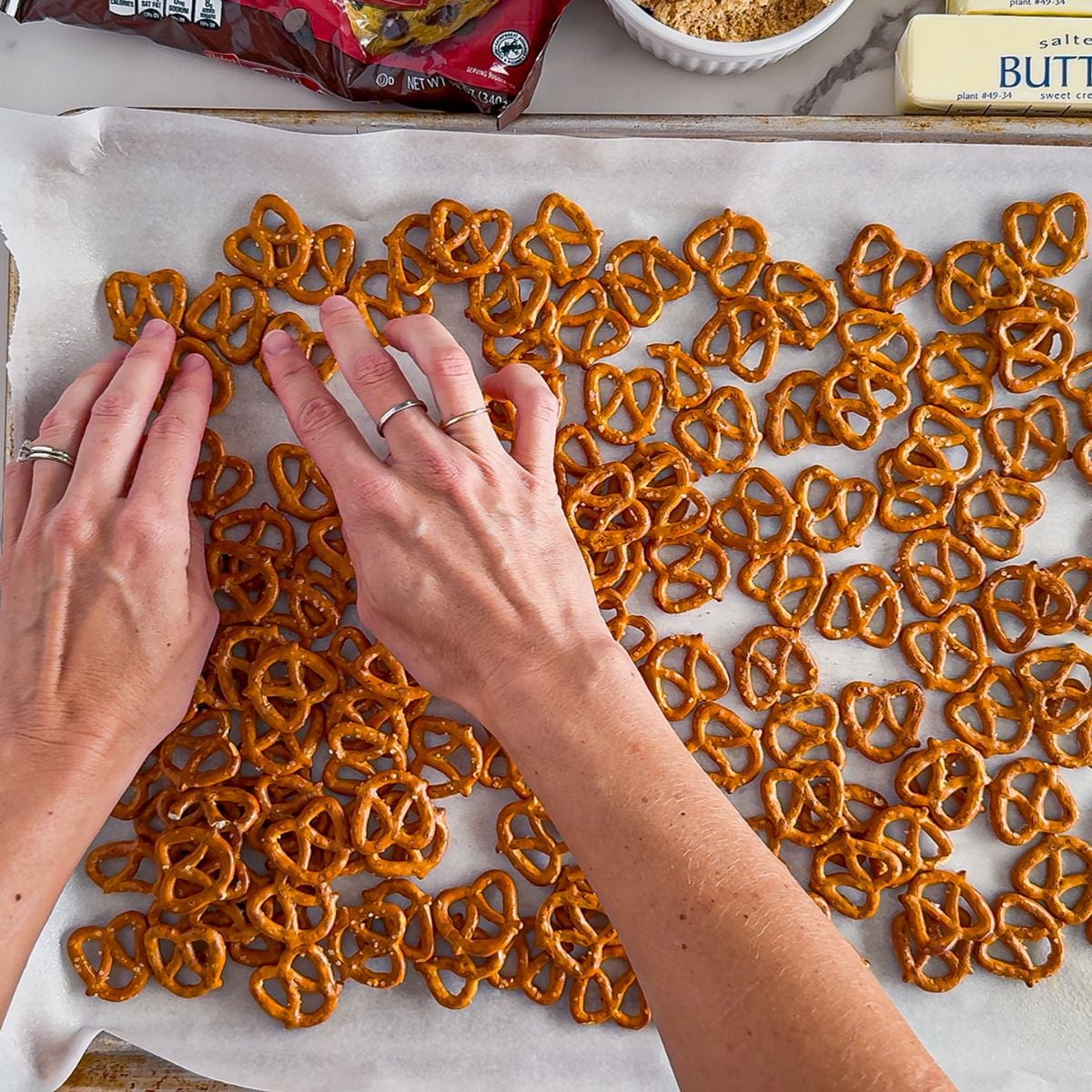 Laying out the pretzels.
