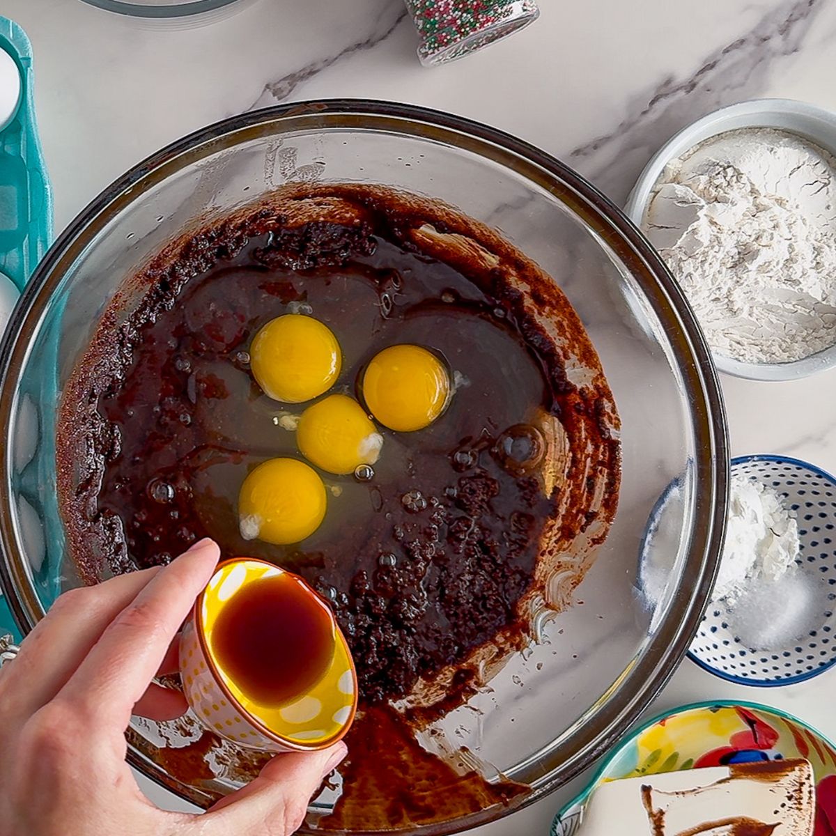 Add the eggs and vanilla.