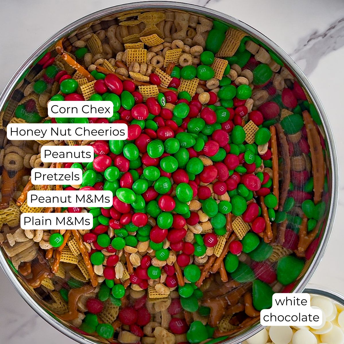 Ingredients used for white trash Christmas mix.