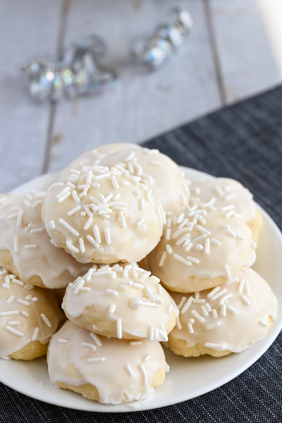 Italian wedding cookies with white sprinkles.