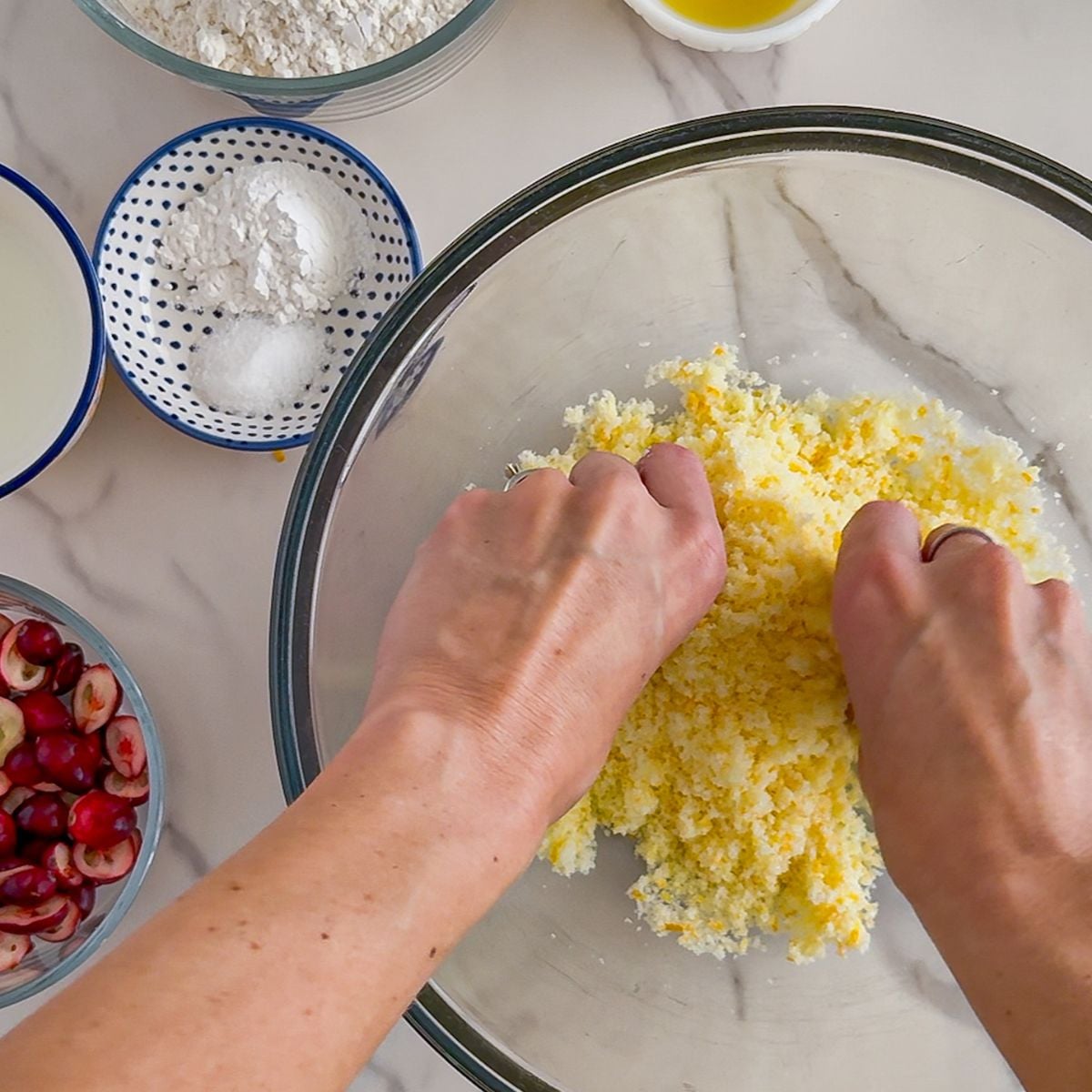 Adding the ingredients to a bowl.