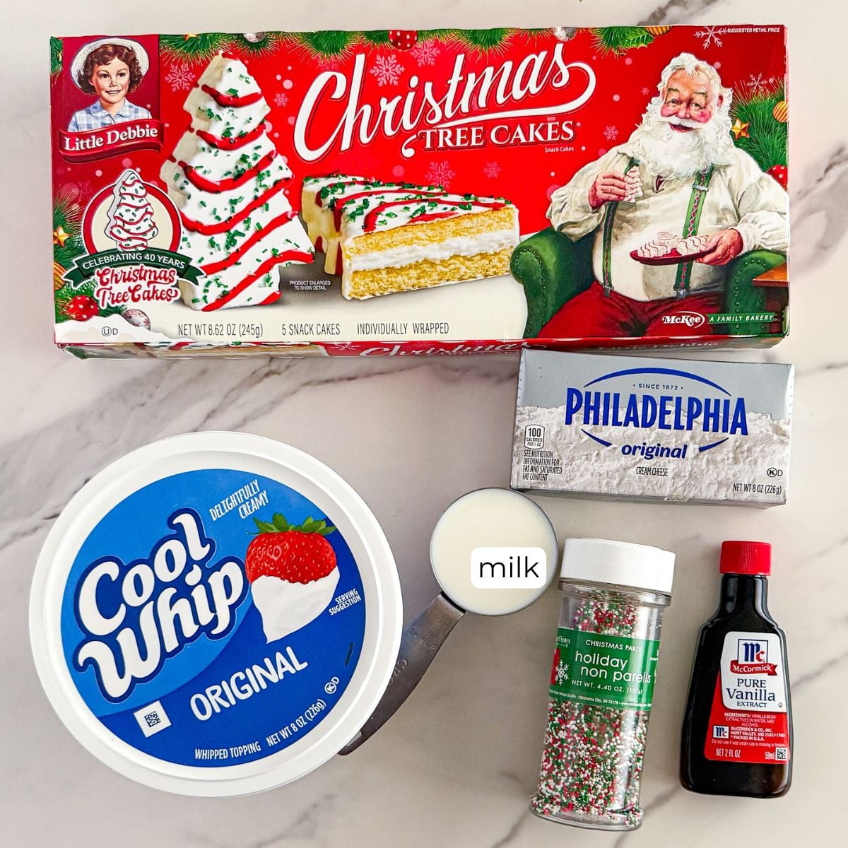 Ingredients for Little Debbie Christmas Tree dip. 