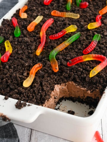 Tasty dirt cake with gummy worms on top.