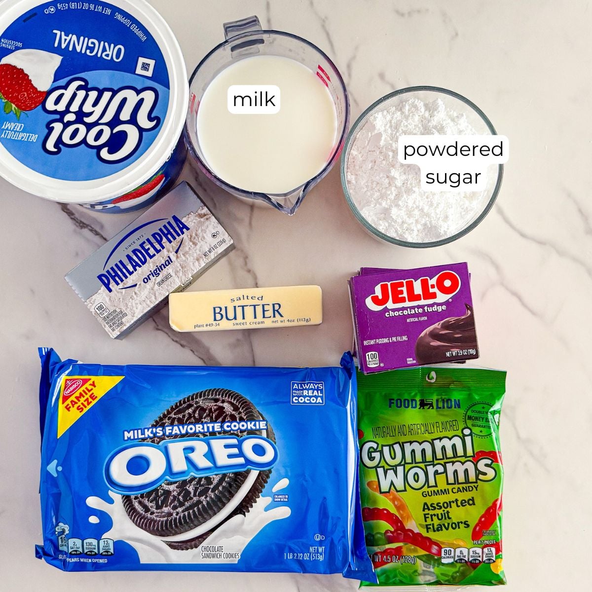 Ingredients for dirt cake casserole.