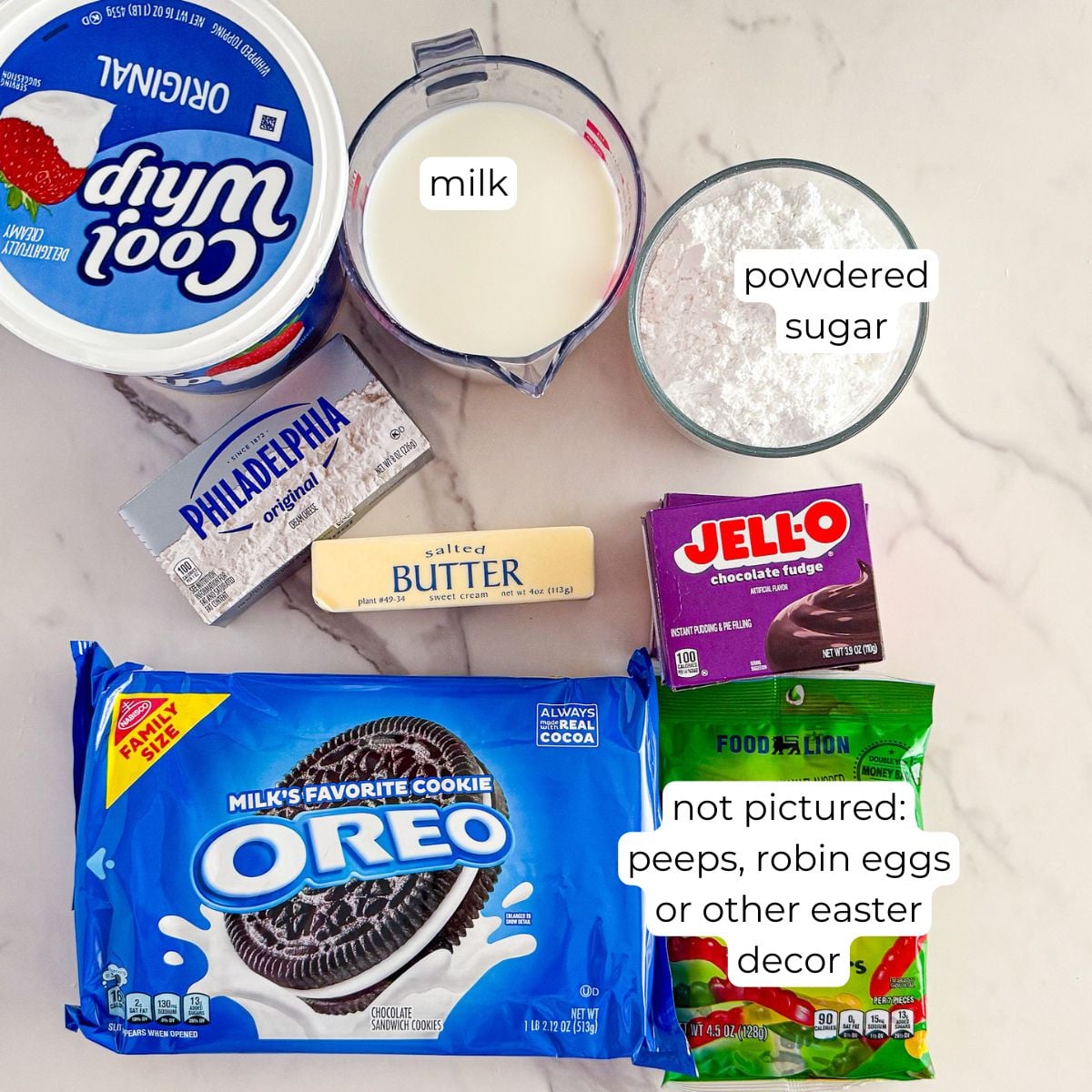 Ingredients for Easter Dirt Cake.