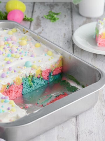 Easter poke cake in a pan.