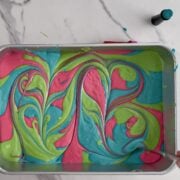 Swirling the batter for Easter Poke cake.