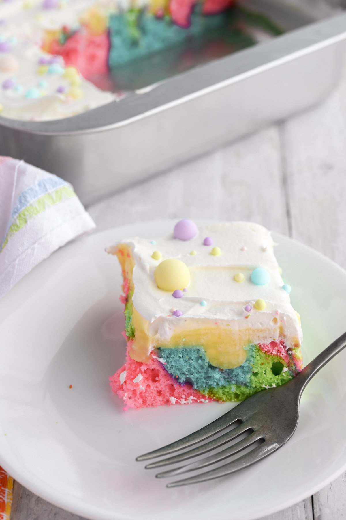Easter poke cake in a pan.