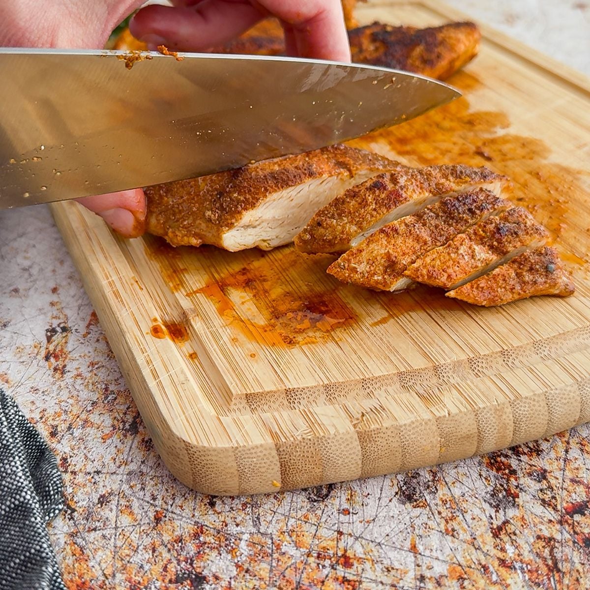Cutting the southwest chicken.