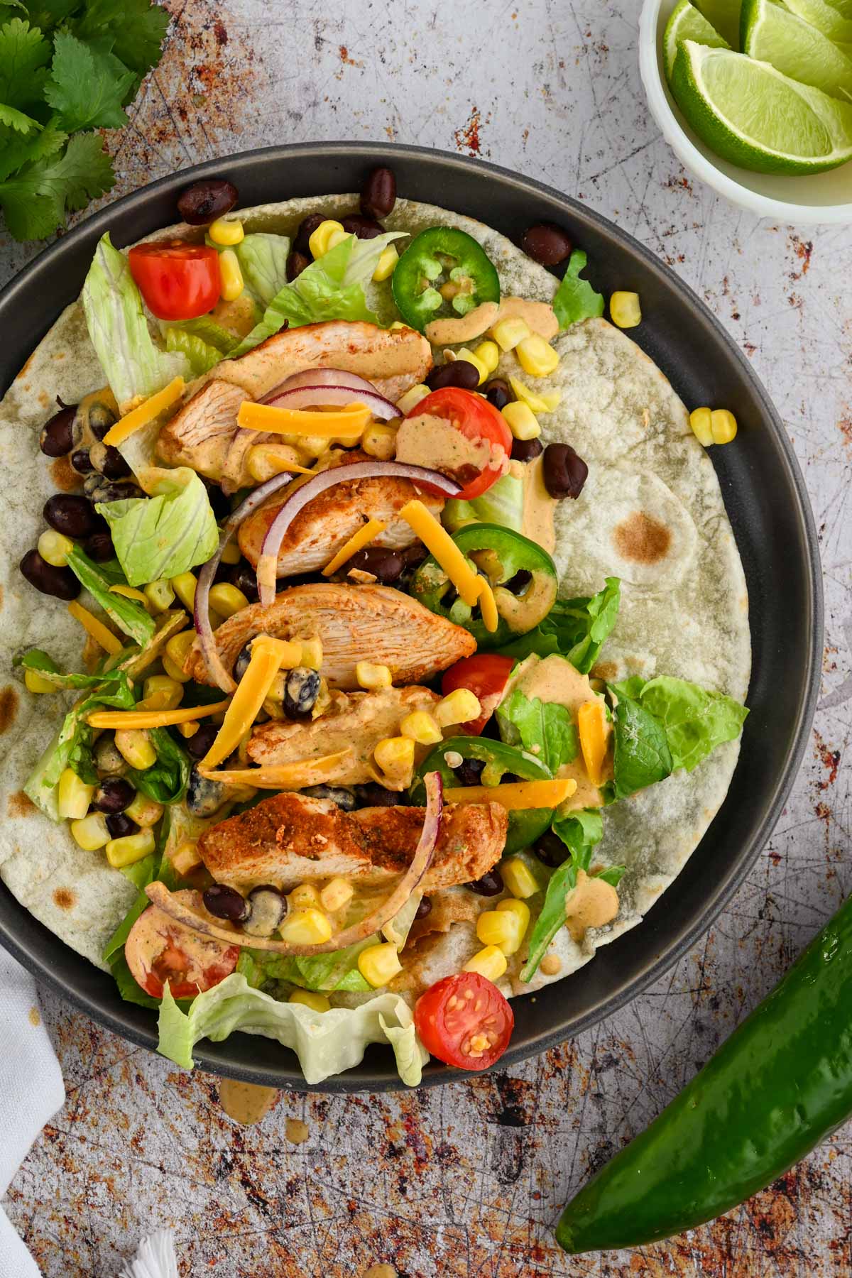 Prepared southwest chicken wrap.