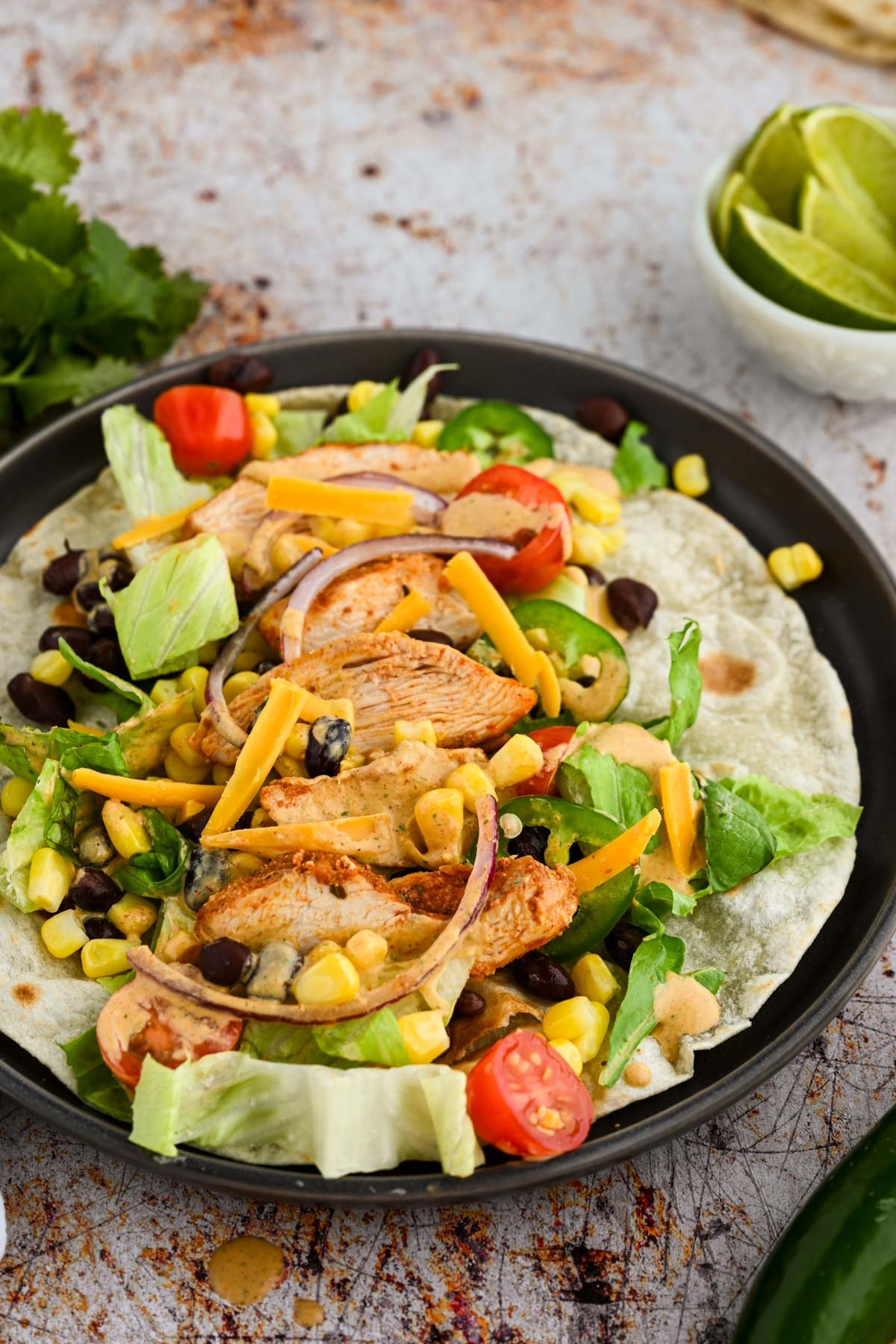 Prepared southwest chicken wrap.