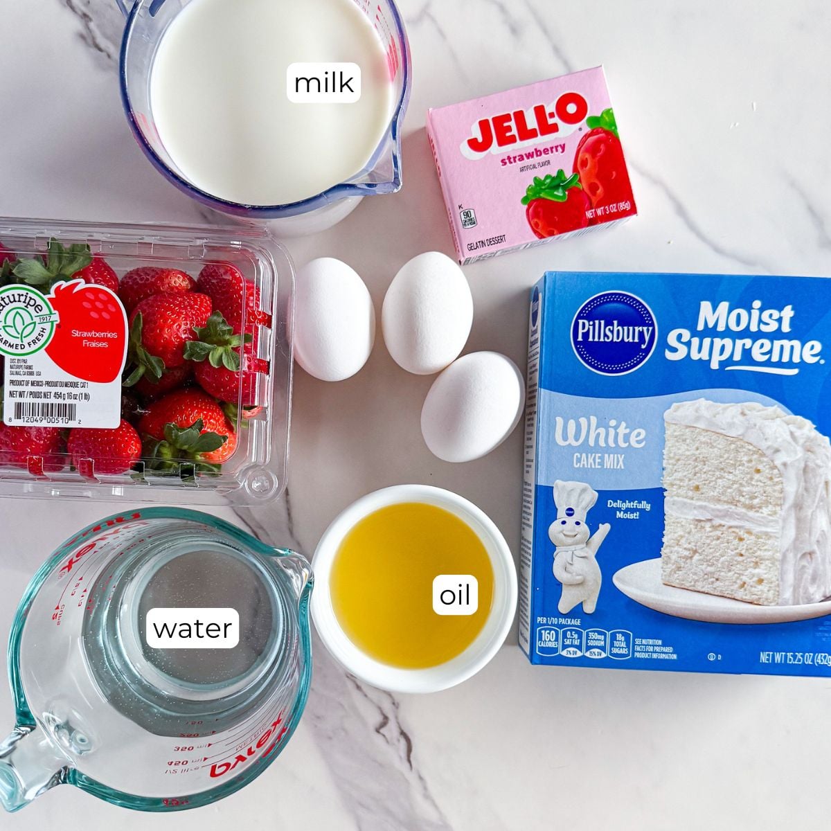 Ingredients for Strawberry jello poke cake.