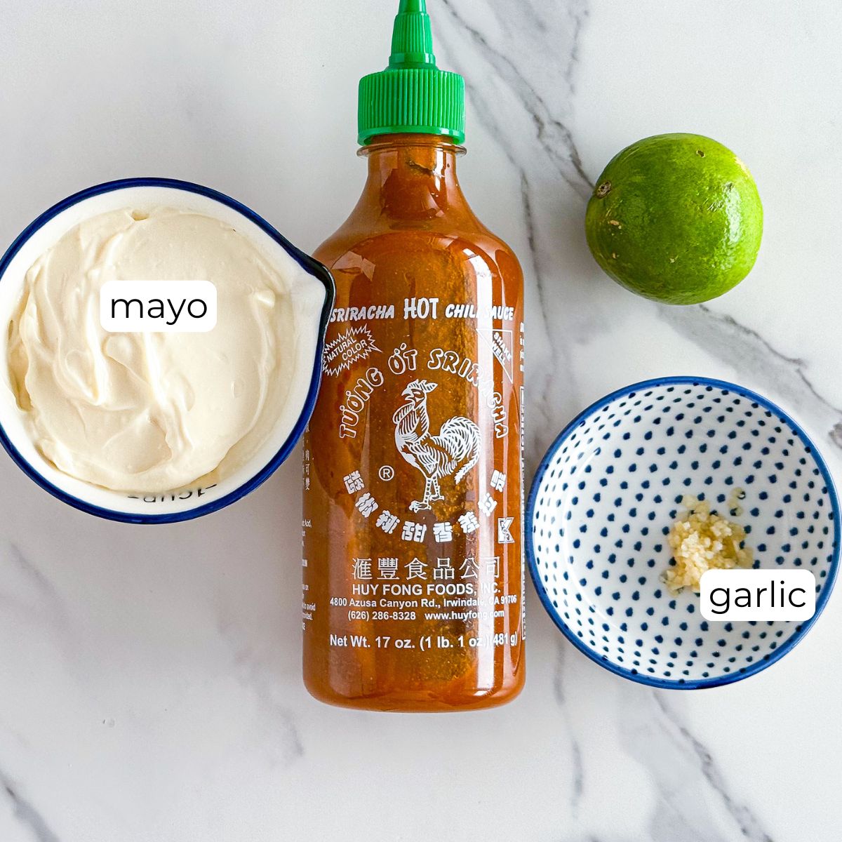 Ingredients needed for sriracha mayo.